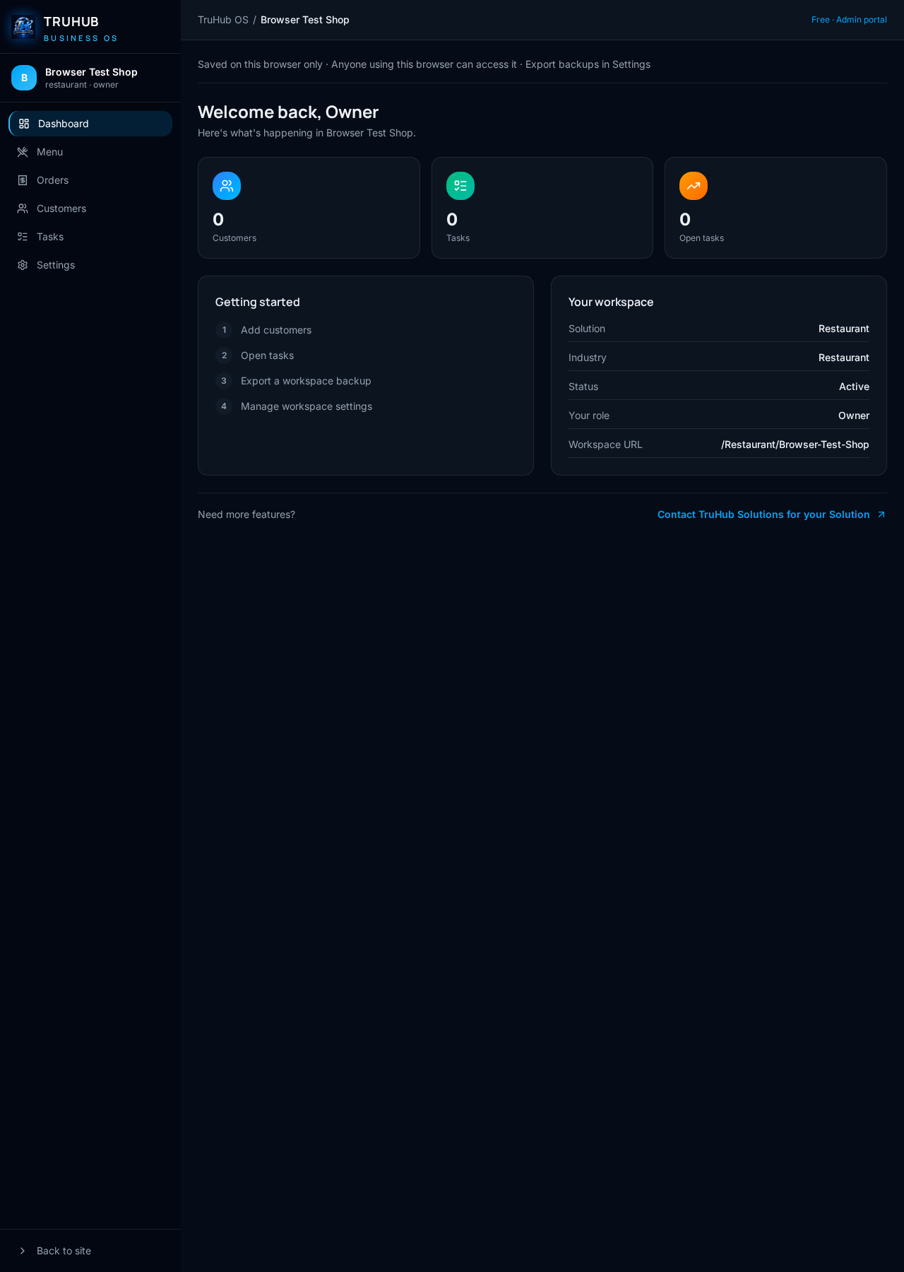 Restaurant OS browser workspace showing menu, orders, customers, tasks and settings
